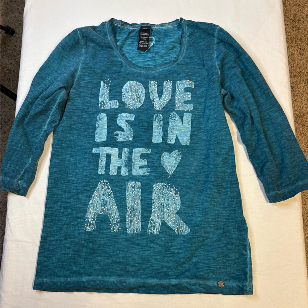 Olsen Europe Teal 3/4 Sleeve Graphic Tee